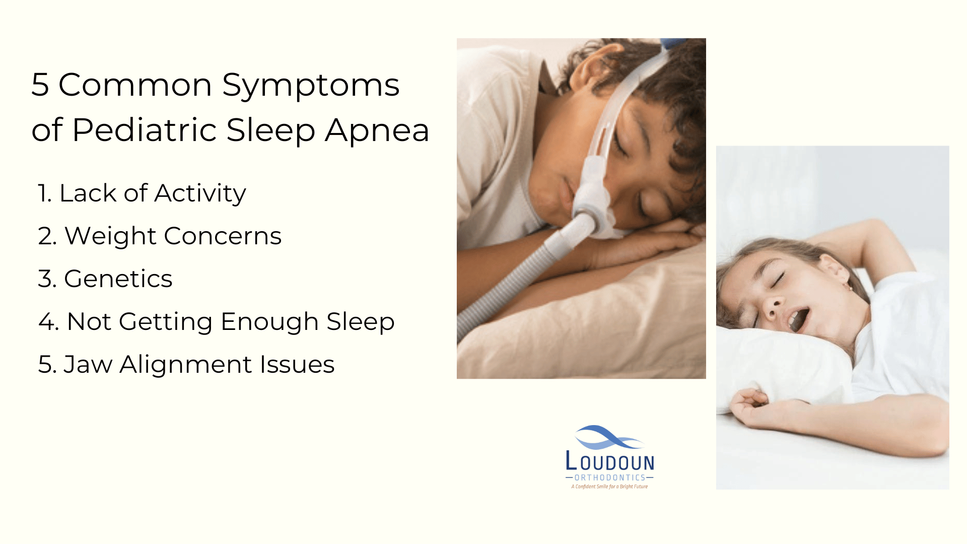 This is an infographic detailing the 5 common symptoms of pediatric sleep apnea